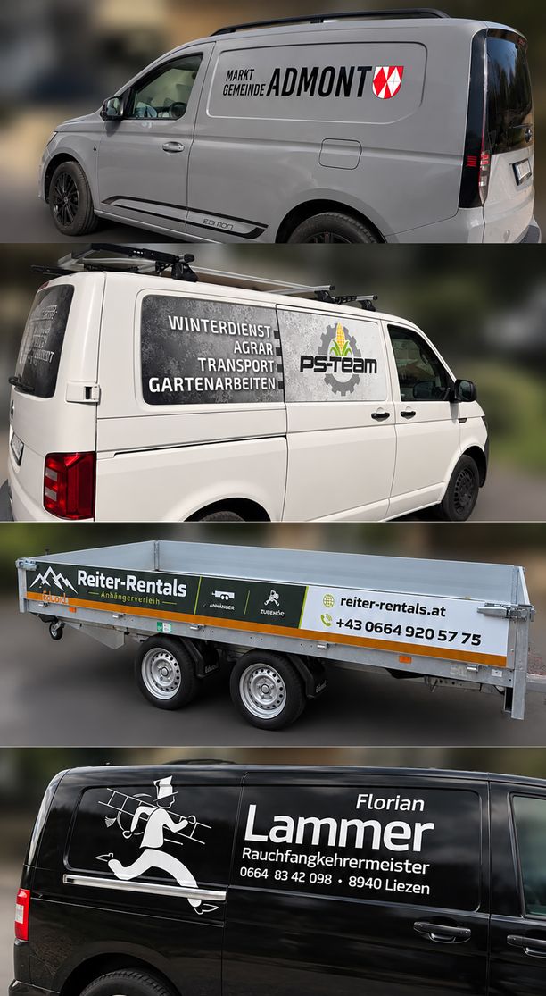 Vier Fahrzeuge mit unterschiedlichen Beschriftungen: ein grauer Transporter mit Schriftzug